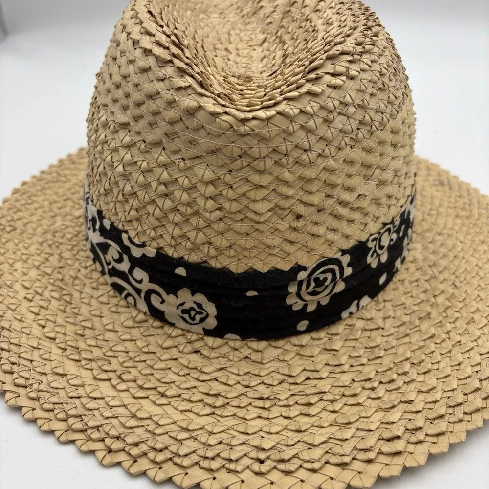 Dorfman Pacific Raffia Braided Fedora Floral Hatband Straw Sun Hat Mens M/L